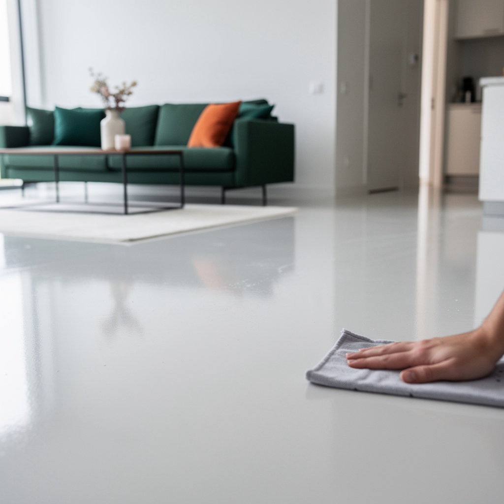 Laboratorio di resina epossidica professionelle Wohnbodenbeschichtung mit glänzendem Epoxidharz-Boden in modernem Wohnzimmer